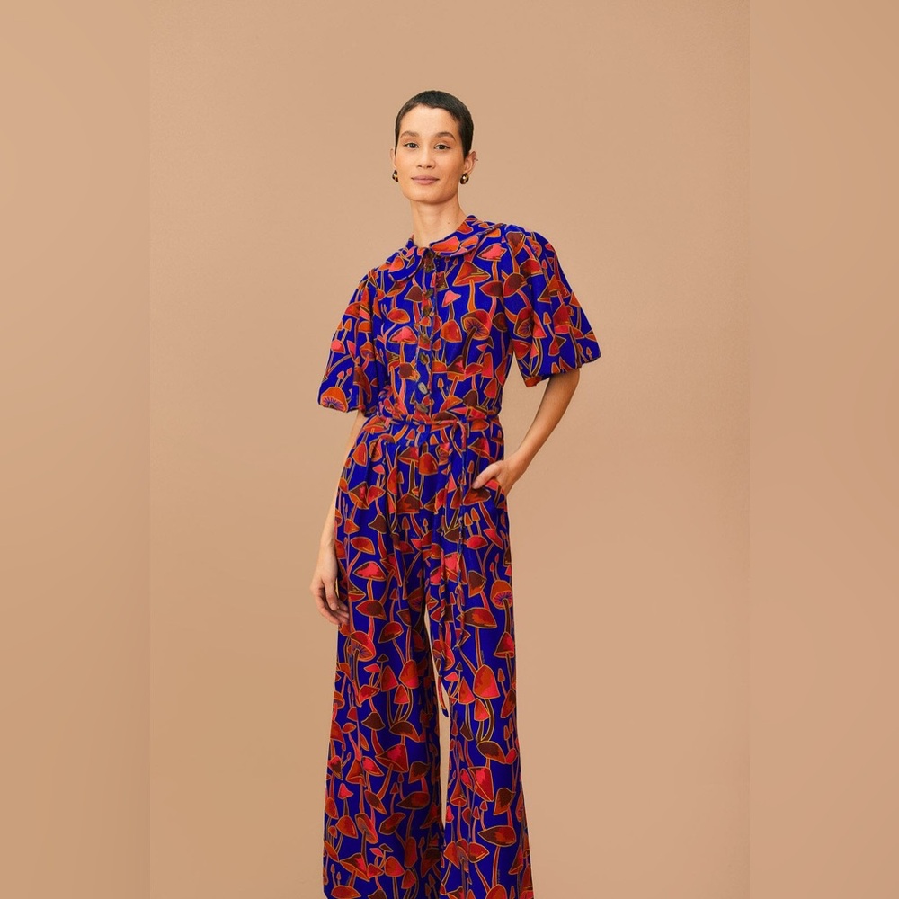 Farm Rio Bright Blue Mushroom Sketch Puff Jumpsuit NWT